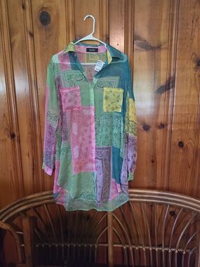 AKIRA Sheer Patchwork Bandana-Print Button Tunic in Pink, Green & Yellow NWT